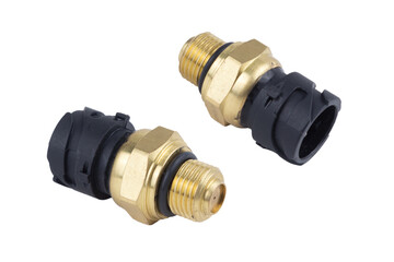 the oil pressure sensor in the truck engine, isolated on a white background.
