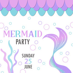 Birthday invitation with mermaid. Kids birthday party invitation card with cute mermaid