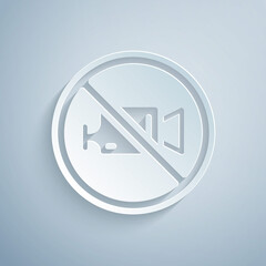 Paper cut Prohibition sign no video recording icon isolated on grey background. Paper art style. Vector