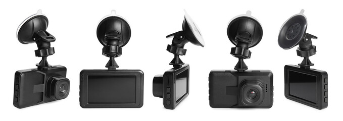 Set with modern car dashboard cameras on white background. Banner design - Powered by Adobe
