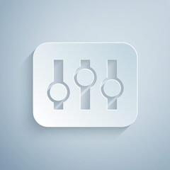 Paper cut Sound mixer controller icon isolated on grey background. Dj equipment slider buttons. Mixing console. Paper art style. Vector