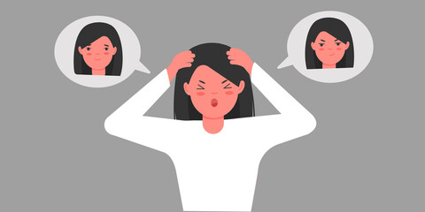 Bipolar personality disorder in a young girl. The woman is holding her head with her hands and screaming. Psychological and mental disorder concept. Vector illustration in flat sitl.