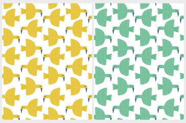 Cute Hand Drawn Seamless Vector Pattern with Funny Yellow and Turquoise Birds on a White Background. Funny Print with Big Flying Birds. Simple Abstract Print ideal for Fabric, Textile, Wrapping Paper.