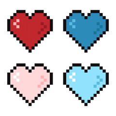 Pixel 8 bit heart in different colors, vector illustration.