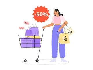 Modern flat vector illustration with female character holding boxes and packages. Concept of seasonal discounts or big sale.