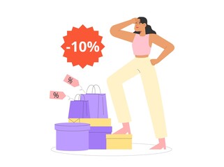 Modern flat vector illustration with female character holding boxes and packages. Concept of seasonal discounts or big sale.