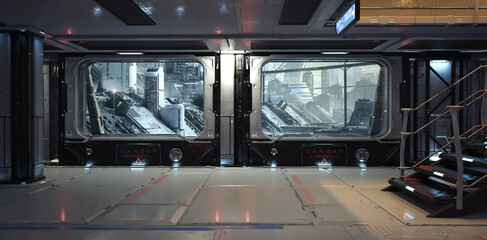 Interior concept of a futuristic spaceport corridor hub with outside view of city metropolitan architecture . 3d rendering backdrop background © Digital Storm