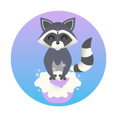 A cute raccoon washes a sock with his paws in a basin with foam. Vector illustration. Logo. Concept for dry cleaning, detergents, care instructions