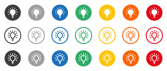 Set of round buttons with lightbulb. Light bulb icon in a circle. Idea, different colorful buttons. Vector illustration.