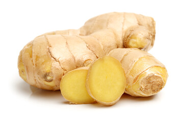 ginger root and slices isolated on white background