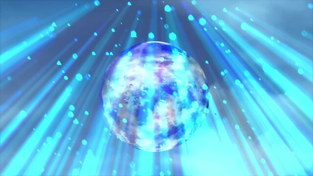 Blue virtual beams illuminate the virtual rotating planet.