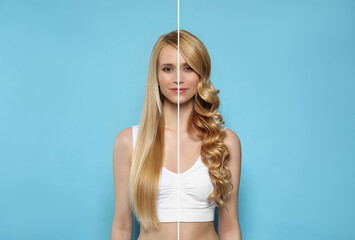 Beautiful young woman with long hair before and after using curlers on light blue background,...