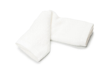 White fluffy cotton towel isolated on a white background.