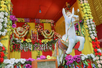 Horse idol dragging chariot of God Jagannath, Balaram and Suvodra is being worshipped. Ratha jatra festival at Howrah, West Bengal, India.
