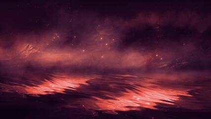 Fototapeta premium Futuristic fantasy night landscape with abstract landscape and island, moonlight, radiance, moon, neon. Dark natural scene with light reflection in water. Neon space galaxy portal. 3D illustration. 