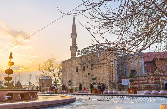 The evening park with ruined ancient temple in Ankara, Turkey