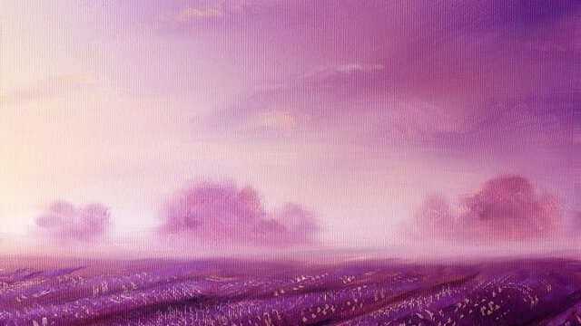magical lavender fields at dawn, oil painting on canvas.
