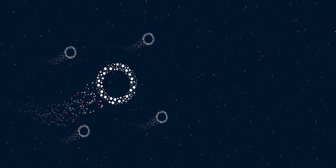 A circle symbol filled with dots flies through the stars leaving a trail behind. Four small symbols around. Empty space for text on the right. Vector illustration on dark blue background with stars