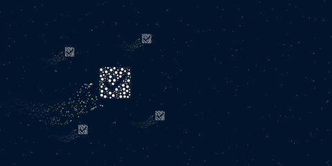 Fototapeta na wymiar A checkbox symbol filled with dots flies through the stars leaving a trail behind. Four small symbols around. Empty space for text on the right. Vector illustration on dark blue background with stars