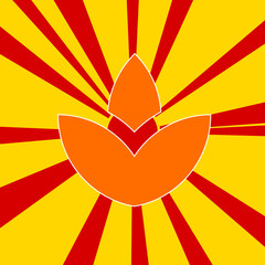 Water lily symbol on a background of red flash explosion radial lines. The large orange symbol is located in the center of the sun, symbolizing the sunrise. Vector illustration on yellow background