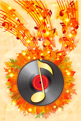 Autumn background with fallen leaves, notes and vinyl record. 