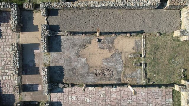 Aerial view of archaeological site, ruins of ancient town and church basilica, Bargala, Stip, Macedonia