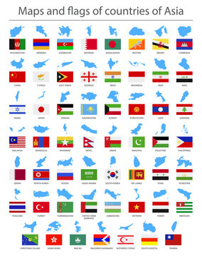 Asia. Country border maps and flags. Vector illustration