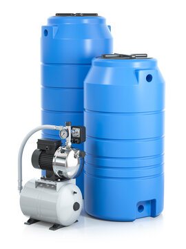 Group of plastic water tanks and pumping station 3D