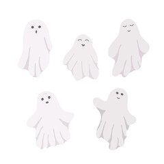 Obraz na płótnie Canvas Little cute white ghosts with emotions set vector illustration on the white background, cute spooky simple character black and white drawing for Halloween holiday celebrations