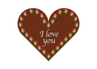 embroided I Love You gingerbread heart with red rose.