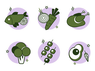 Icons on the theme of food. Fish, chicken, barbecue, carrots, onions, avocado, broccoli. Vector graphic. - obrazy, fototapety, plakaty