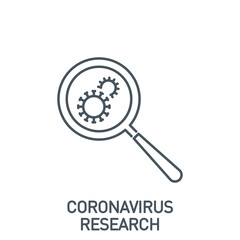 coronavirus study single line icon isolated on white background. Perfect outline symbol research vaccine Covid 19 pandemic banner. Quality design element magnifier glass with editable Stroke