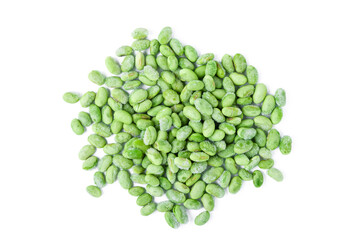 Heap of frozen edamame beans isolated over white, top view