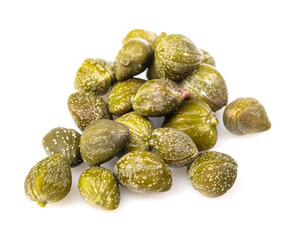 Pile of pickled capers isolated on white background with clipping path, macro
