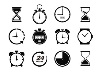 Time and clock icon set. Hourglass, stopwatch, watches, alarm clocks. Simple icon vector design.