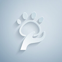 Paper cut Animal volunteer icon isolated on grey background. Animal care concept. Paper art style. Vector