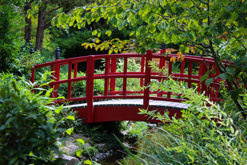 Red Torii gates and lacquered arched bridge in a Japanese zen  gardens. This park is the Friendship Park, a public garden located in Rueil-Malmaison in the Hauts-de-Seine in France.  