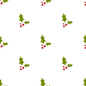 red and green holly berry on white background. seamless winter pattern.