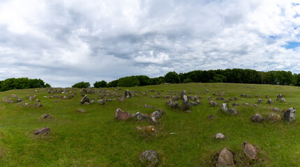 panorama view of the grounds of the Lindholm Hills Viking burial site in northern Denmark