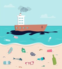 Environmental pollution vector background. Oil spill on water. Ship is polluting the environment. Plastic waste on the sea surface and on the shore. Sea and ocean pollution concept.