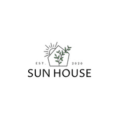 Simple House With Floral Leaves And Sun Logo Vector Drawing Illustration Template Icon