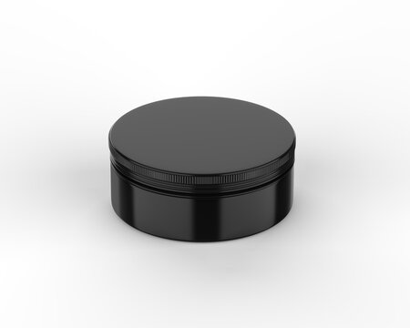 Black metallic cosmetic jar mock up, blank aluminium round tin box on isolated white background, 3d illustration