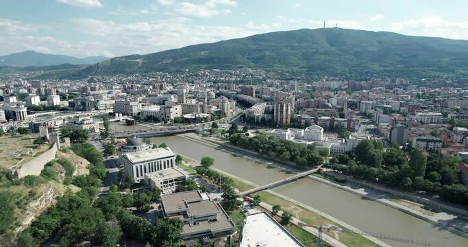 Aerial panoramic view of downtown of Skopje with Government building and cityscape along Vardar river