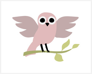 Doodle owl on branch clipart isolated on white. Cartoon vector stock illustration. EPS 10