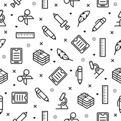 Seamless Pattern Elements Hand Drawn Collection College School Study Vector Design Style Background Grades Education Learning Book Syringe Microscope Scissors Pen Illustration Icons