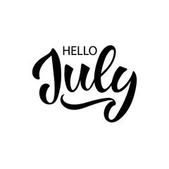 Hello July handwritten text. Trendy script lettering design Modern brush ink calligraphy isolated on white background. Vector illustration as logotype, icon, card. Summer postcard, invitation, flyer