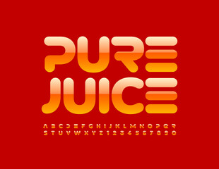 Vector bright sign Pure Juice. Glossy Orange Alphabet Letters and Numbers set. Modern style Font