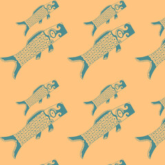 Pattern of turquoise japanese koi carps on orange background