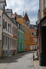 colorful small houses in the historic old city center of Aalborg