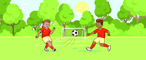Obraz na płótnie Canvas Football teenage players kicking soccer ball green soccer field background vector illustration in flat cartoon style, comic 